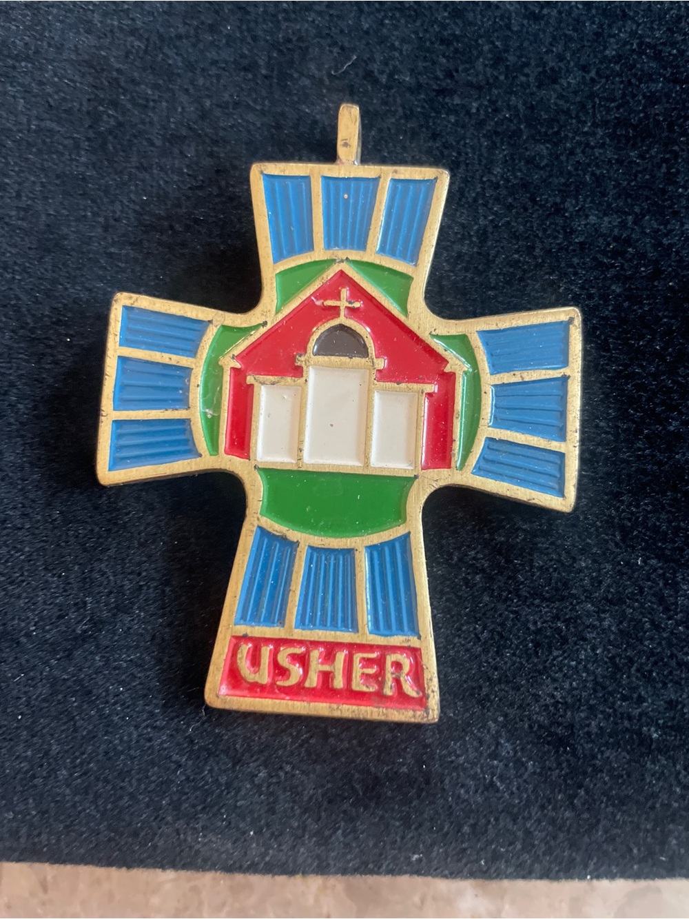 VINTAGE 1960’s Enamel Usher Cross Pendant, Heavy COPYRIGHT TERRA SANCTA! BRASS!